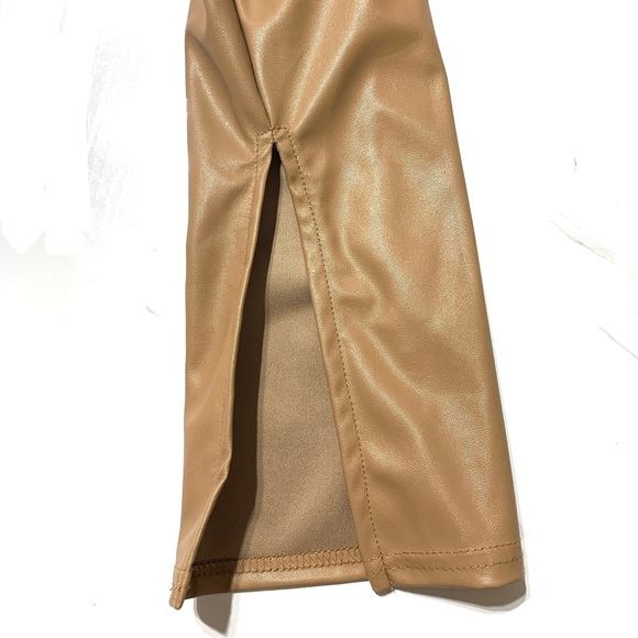 Pretty Little Thing Tan Faux Leather High Waist Pants Hemline Slits Sz 6 - Picture 6 of 12